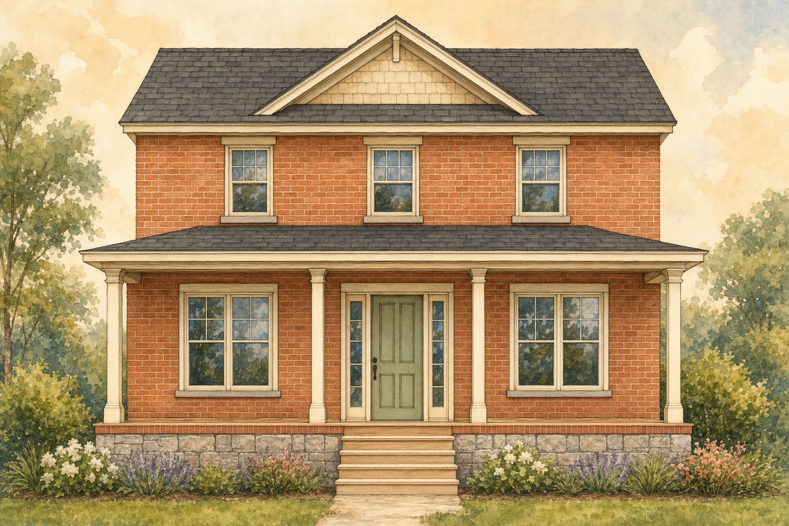 A two-story brick house illustration